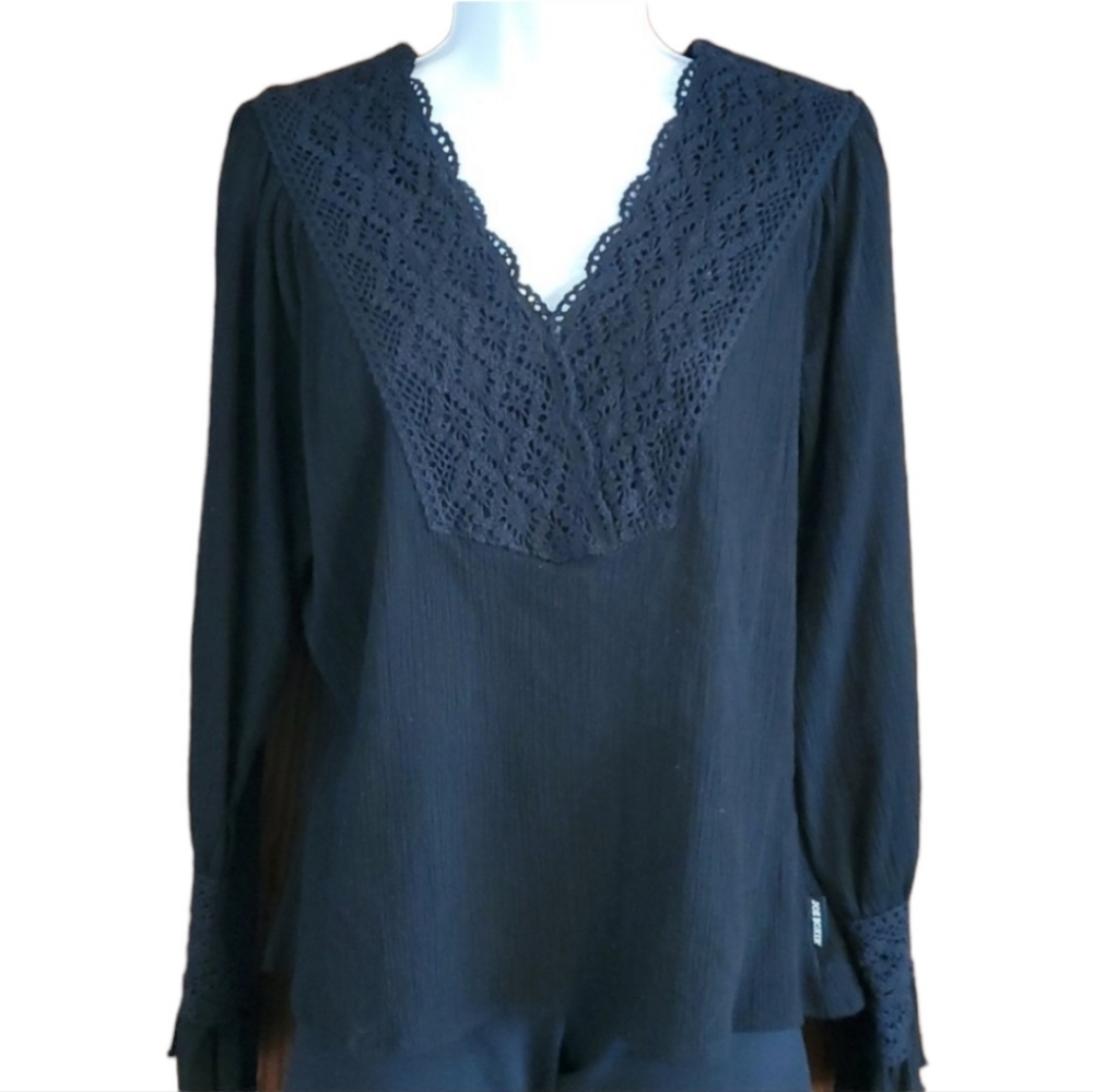 Joe Boxer Women's Vintage Black Boho Top With Lace Accents